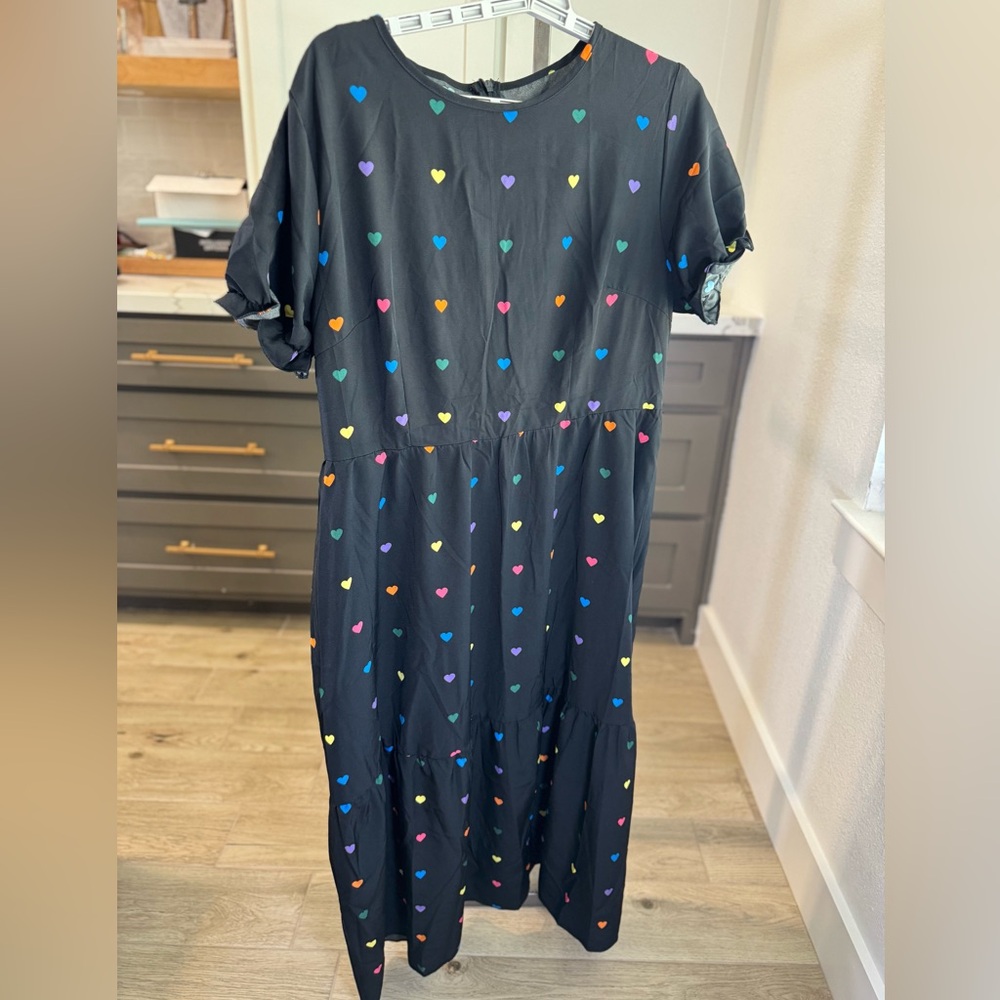 Shien Black Midi Dress with Colorful Heart Pattern - NWOT -  Size XL